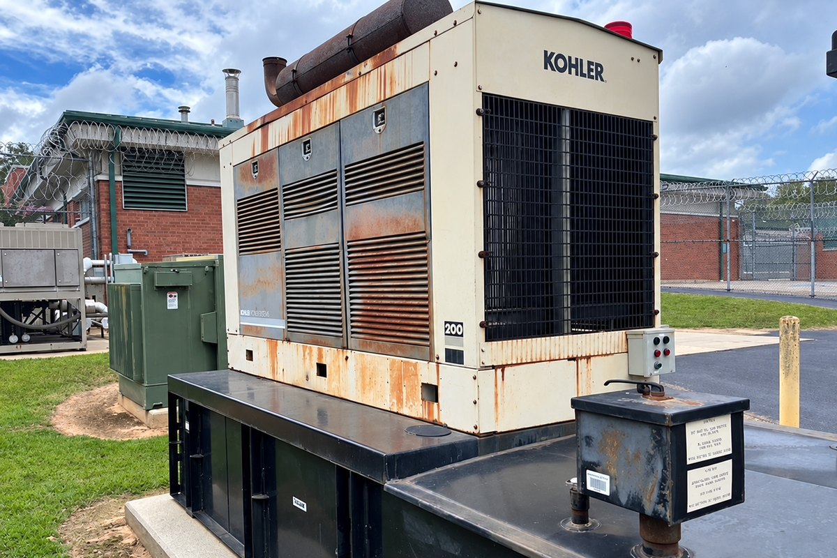 Kohler standby generator with a fuel tank fill box on a concrete pad