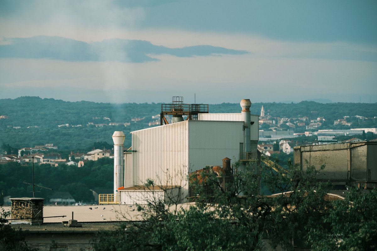 White industrial buildings with flat roofs among trees