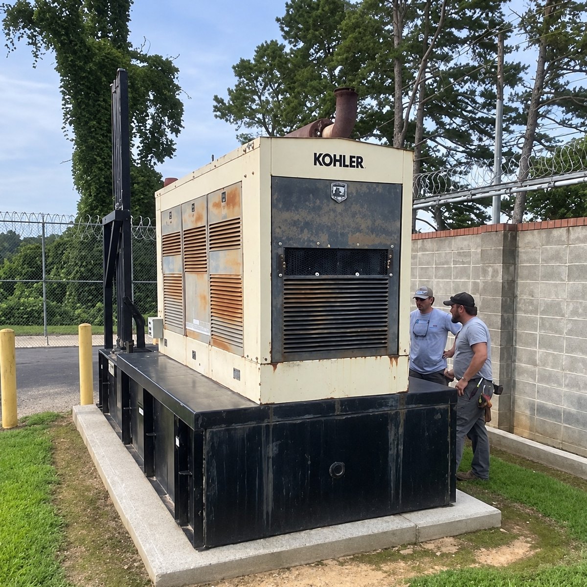 Standby generator on a fuel tank base with two technicians standing beside it