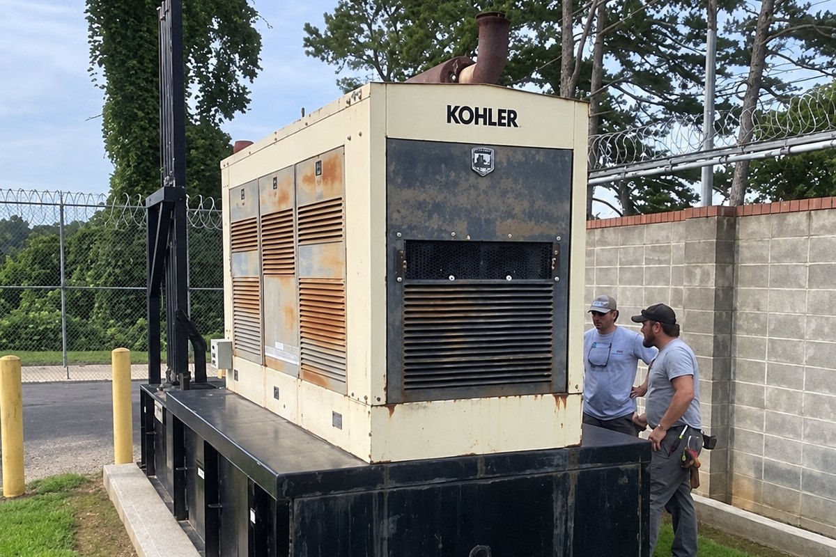 Two technicians beside a large standby generator inside a fenced gear yard