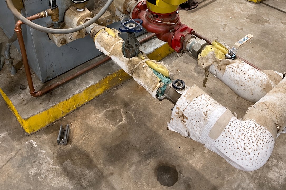 Yellow circulator pump on red flanged piping between two gray boilers