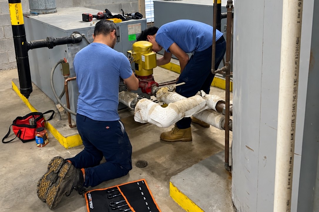 Boiler room with two technicians at a pump between a boiler and a water tank