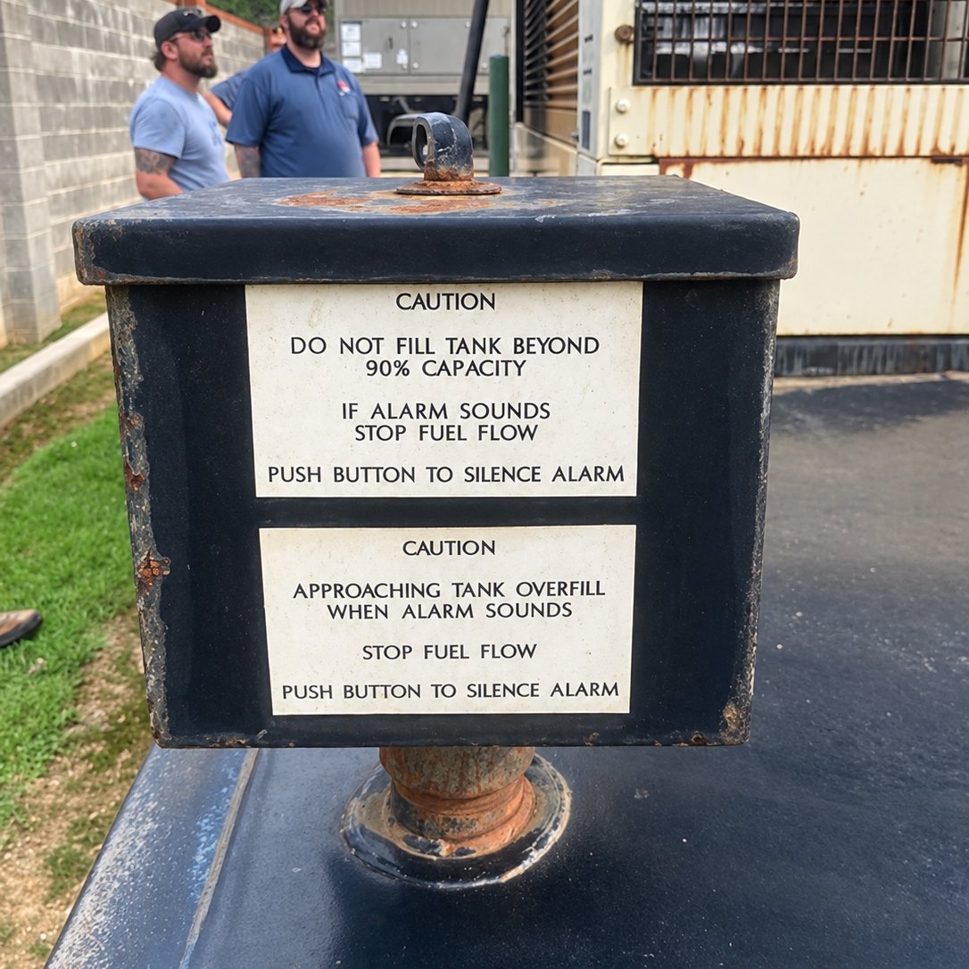 Generator fuel tank fill box with caution labels on a fenced gear pad