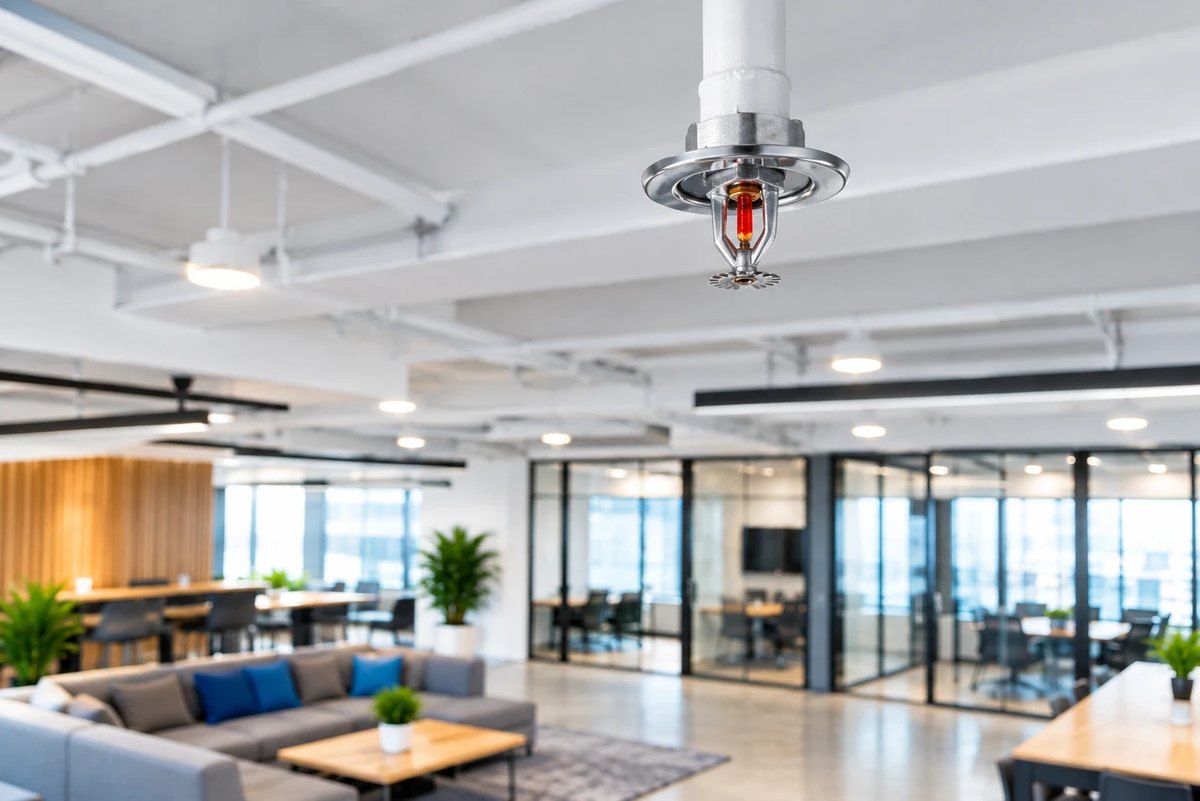 Fire sprinkler head hanging from a white ceiling pipe above a bright open-plan office