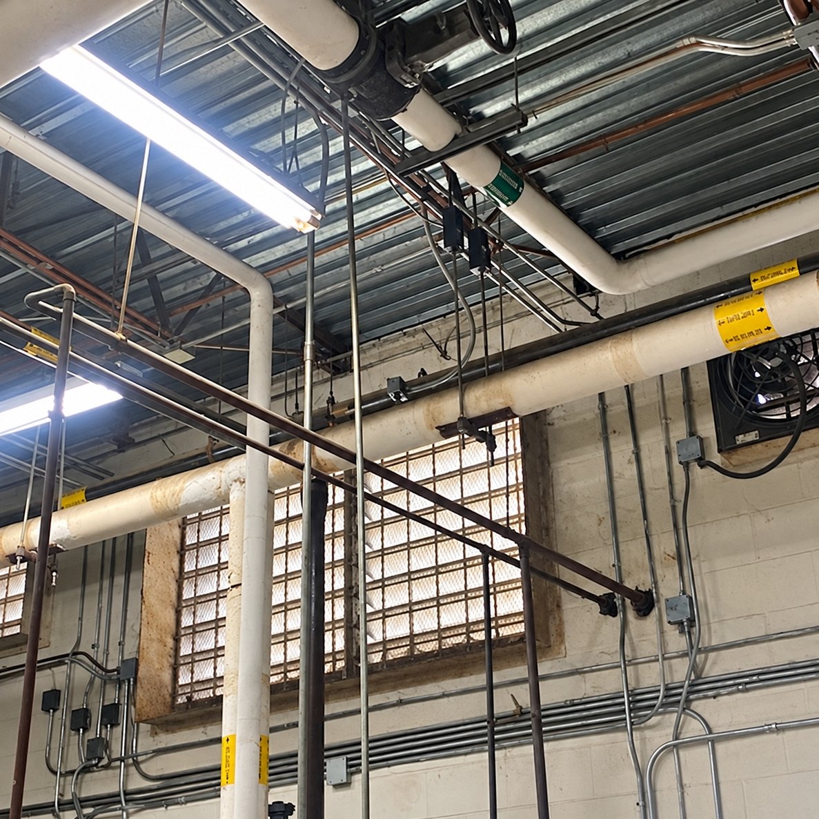Insulated pipes and conduit running along a mechanical room wall to the roof deck